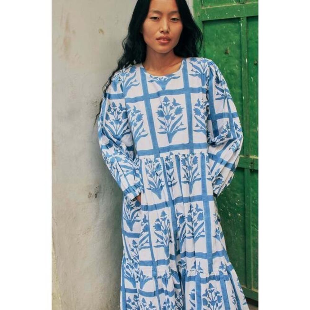 SZ BLOCKPRINTS Blue White Floral 100% Cotton Long Sleeve Orti A-Line Dress Small - Picture 16 of 16